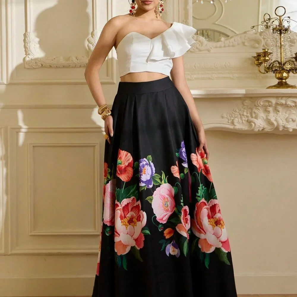 Black Elegant Women's Waist-Accented Patchwork A-Line Satin Skirt
